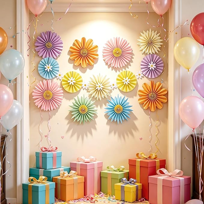 PAPER JAZZ 12pcs Pastel Paper Flower Decorations - Daisy Paper Fan Backdrop for Birthday Party, Baby Shower, Wedding, Spring & Summer Events,Spring Hanging Flower for Classroom Garden