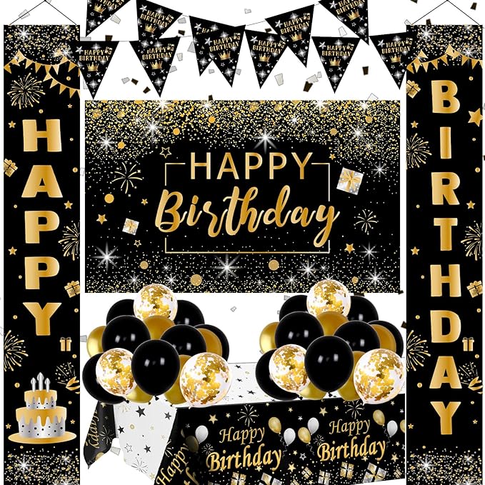 Black and Gold Birthday Decorations for Men Women | Black and Gold Party Decorations with Backdrop, Tablecloth, Confetti Balloons, Banner, Balloon Arch Kit for Birthday Party