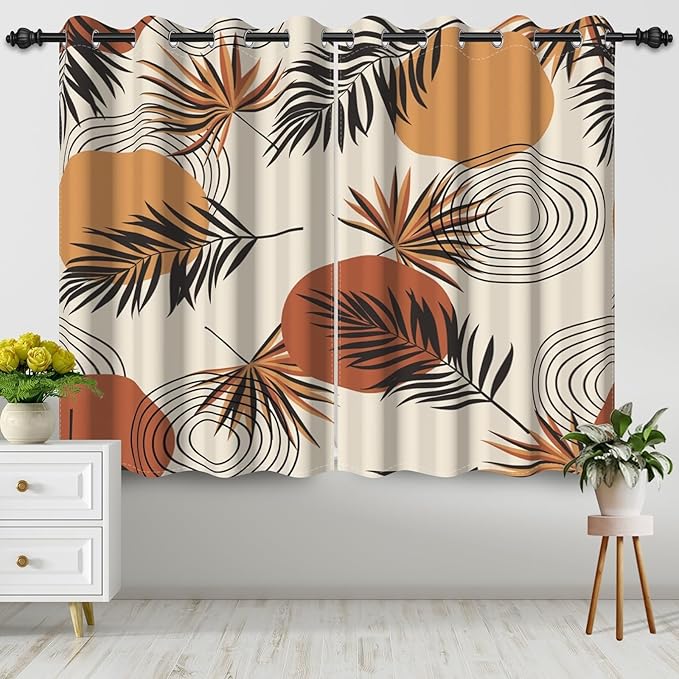 Mid Century Abstract Blackout Window Curtains Boho Sun Palm Leaves Modern Abstract Geometric Art Kitchen Curtains Boho Window Treatment Sets Living Room Bedroom Home Decor,21x45 inch,2 Panels