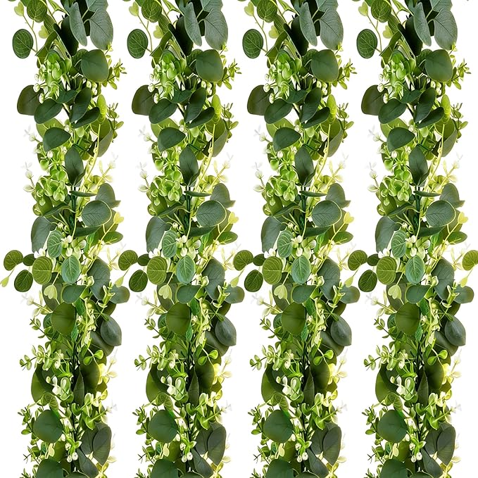Eucalyptus Garland with White Flowers 4Pack: 5.9Ft Artificial Faux Greenery Vines for Valentine's Day Table Runner Wedding Bedroom Mantle Centerpieces Backdrop Decorations