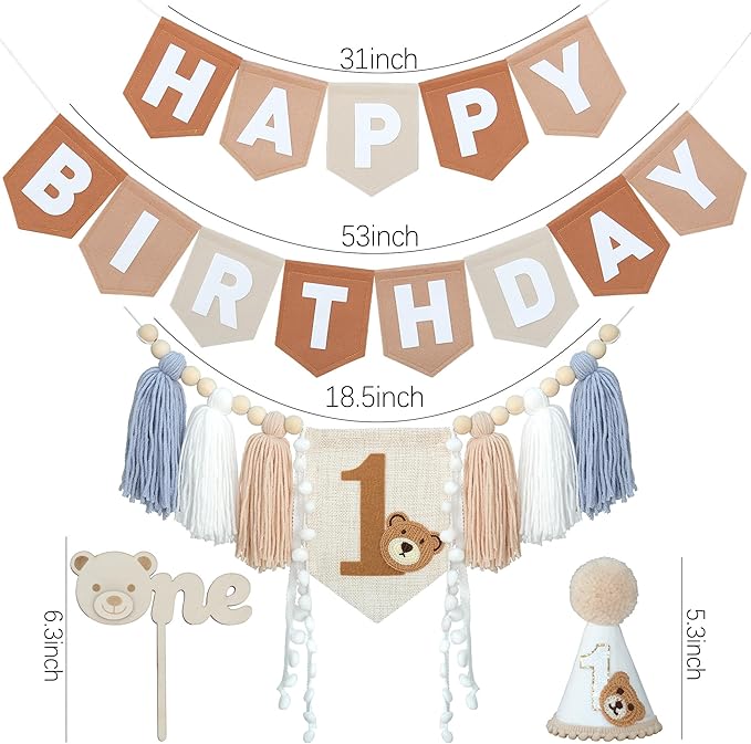 DCJHFJ Bear First Brown Felt Happy Birthday High Chair Banner Pre-strung Birthday Hanging Decoration with Birthday Hat One Cake Topper for 1st Birthday Party Decor