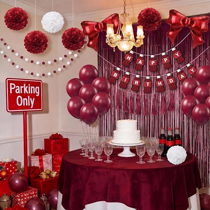Arrowbash 33 Pcs Burgundy Maroon White Birthday Decorations Include Happy Birthday Banner, Red Tinsel Foil Backdrop, Tissue Paper Pom Poms, Dots Garland, Bow Balloons, Paper Tassels (Bottle Style)