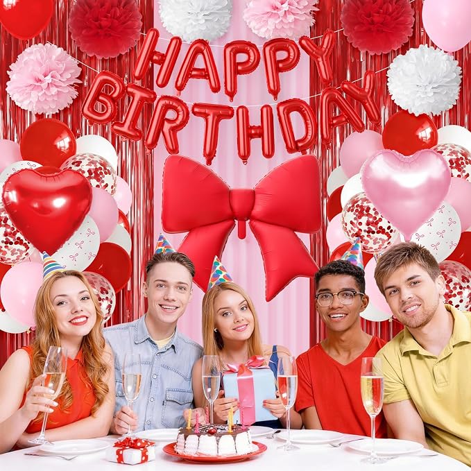 Red Pink Bow Birthday Decorations for Women Girls, Happy Birthday Balloon Banner with Bow and Heart Foil Balloons Fringe Curtain Tissue Paper Pompoms Garland Party Supplies