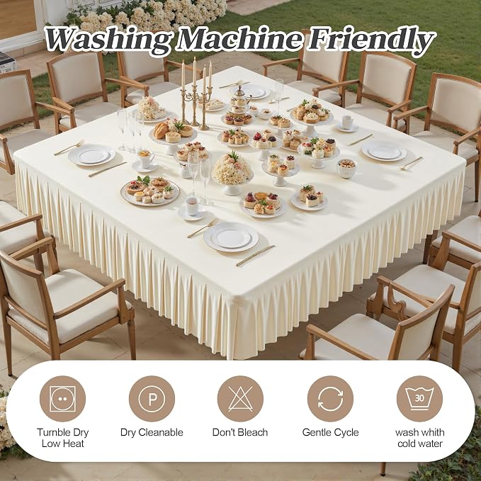 Wish Care Ivory Spandex Tablecloths for 60x60 Inch Square Tables, Stretch Fitted Table Clothes with Pleated Ruffle Skirt for 60” Table, Wrinkle Free and Elastic, for Party Kitchen Home Dining