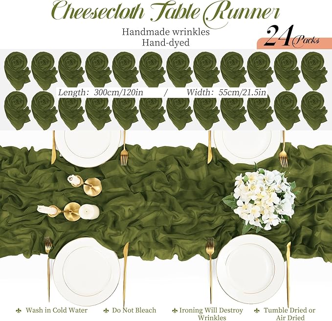 Teruntrue 24 Packs Olive Green Cheesecloth Table Runner,10ft Rustic Gauze Boho Wedding Table Runner Decoration, Wedding Table Decor Sheer Table Runner for Wedding Party Bridal Shower Table