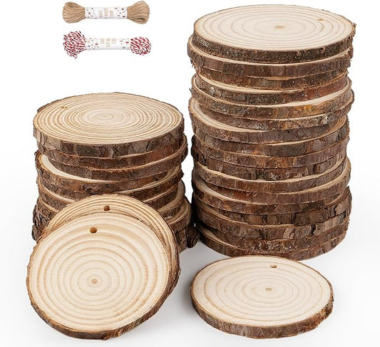 ilauke Wood Slices, 30 Pcs 2.7"-3.1" Natural Wood Slices with Predrilled Hole, Unfinished Wood with Bark, Wooden Circles for Crafts and Paint DIY Ornaments Christmas Crafts Arts Wedding Decor