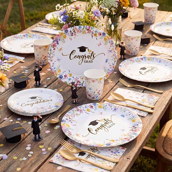 Pajean 350 Pcs 2026 Graduation Party Decorations Wildflower Graduation Oval Plates and Napkins Flowers Heavy Duty 12 inch Disposable Tableware Set for 50 Guests Class of 2026 Grad Party Supplies