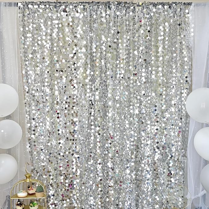 9FTx10FT Silver Sequin Backdrop 1 Panel,18MM Large Payette Sequins Backdrop, Glitter Photobooth Props for Christmas Party Wedding Birthday