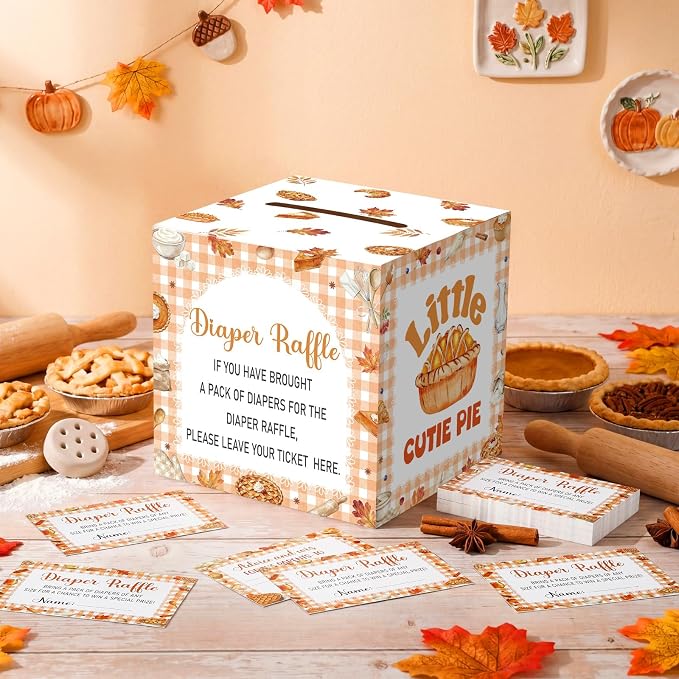 Teling 51 Pieces Diaper Raffle Tickets Box with Card Baby Shower Decorations Gender Reveal Holder Box for Girl Boy Diaper Raffle Party (Little Cutie Pie)