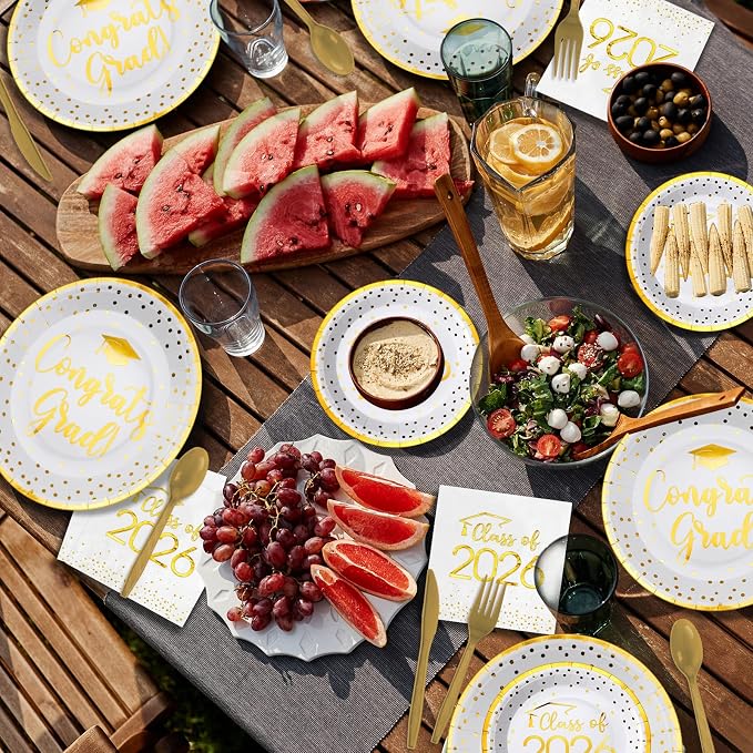 700pcs Class of 2026 Graduation Plates and Napkins Set, Disposable Paper Plate Set Polka Dots Napkins Cups Knife Fork Spoon for Graduation Party Decorations and Supplies,Serve 100 (White Gold)