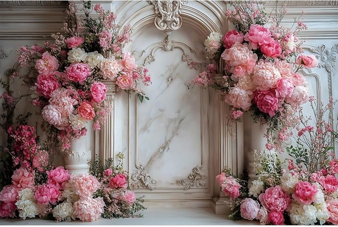 YongFoto European Relief Marble Archway Wall 5x3ft Blooming Rose Flower Elegant Romantic Photography Background Bday Bridal Shower Wedding Party Banner Portrait Photoshoot Wallpaper Photo Booth