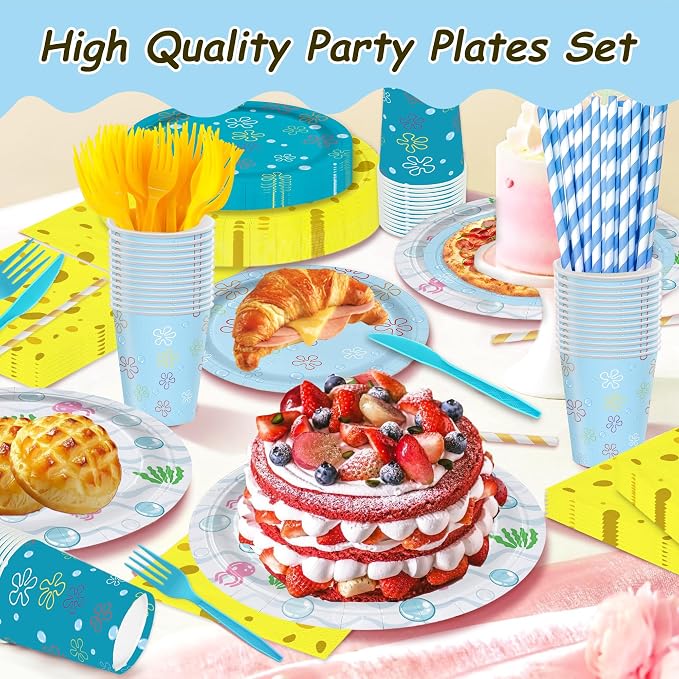 168PCS Cartoon Ocean Themed Birthday Party Supplies | Yellow Undersea Dinnerware Set Serves 24 Guests | Disposable Plates Cups Napkins Cutlery Straws for Kids Boys Girls Birthday Decorations