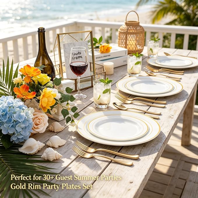 FLOWERCAT 60PCS Gold Plastic Plates - Heavy Duty White and Gold Plastic Plates Disposable for New Year Party/Wedding - Include 30PCS 10.25" Dinner Plates and 30PCS 7.5" Dessert Plates