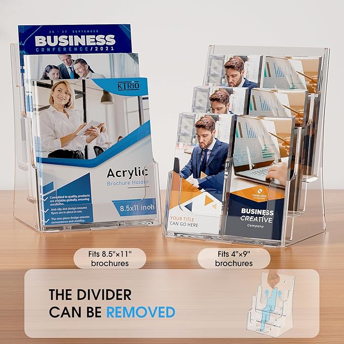 KTRIO Acrylic Brochure Holder 8.5 x 11, 3 Tier Literature & Pamphlet Organizer with Removable Divider for 4 Inch Flyers, Clear Display Stand for Desk & Wall Mount, 2 Pack