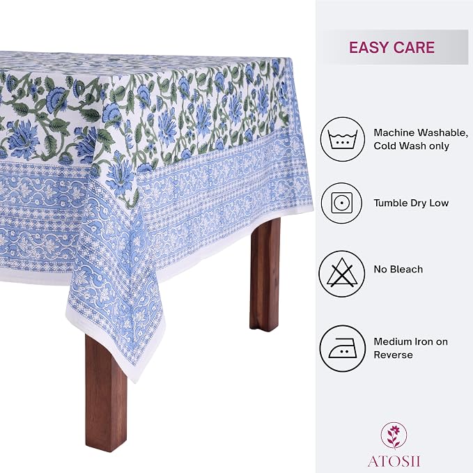 ATOSII Taj 100% Cotton Summer Tablecloth, Block Print Floral Rectangle Table Cloth for Dining Table I Parties Wedding Outdoors, Grand Millenial Decor 60 X 108 Inches I 8 Seater
