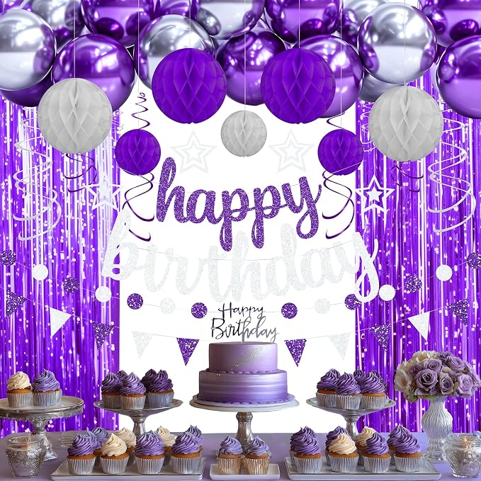 Purple and Silver Birthday Party Decorations Set - Happy Birthday Banner Balloons Foil Curtains Hanging Swirls for Women Girls Birthday Party Supplies