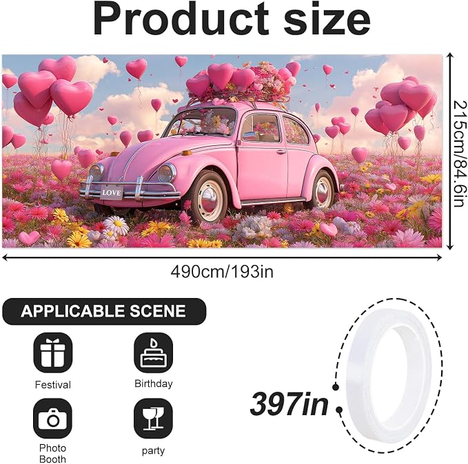 Pink Beetle Garage Door Banner Cover 7x16FT Waterproof – Love Car & Heart Balloons Backdrop with Floral,Indoor Outdoor Decor for Mother's Day,Wedding,Proposal & Photo Booth