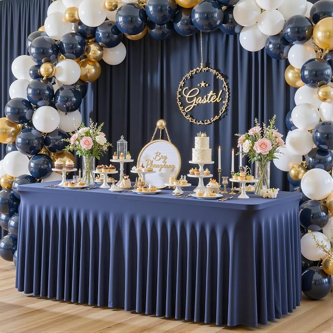 gogoparti 2 Pack Spandex Navy Blue Fitted Table Cloth for 6ft Rectangle Tables Navy Blue Stretch Tablecloth Banquet Table Covers Skirt Wrinkle Free Tablecloths for Parties Wedding