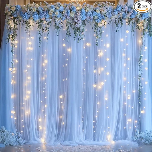 10ft x 8ft Baby Blue Tulle Photo Backdrop Curtain with Lights String for Parties Wedding Sheer Blue Curtain Backdrop for Birthday Party Baby Shower Boy Photo Booth Photography Background Decorations