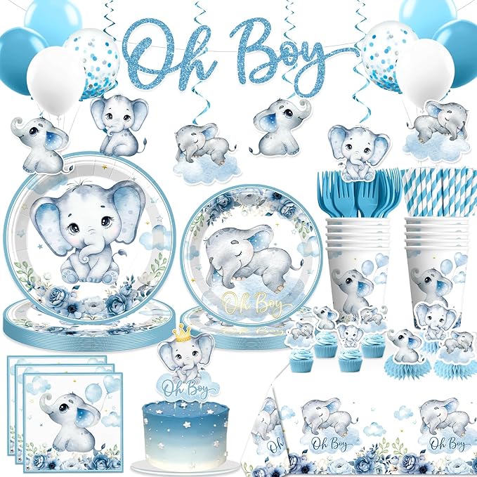 Xynic 206pcs Elephant Baby Shower Decorations Complete tableware Set, for 25 Guests, Blue Elephant party Decorations, Disposable Plates and Napkins, Banner, Tablecloth for Baby Shower Decoration Boy