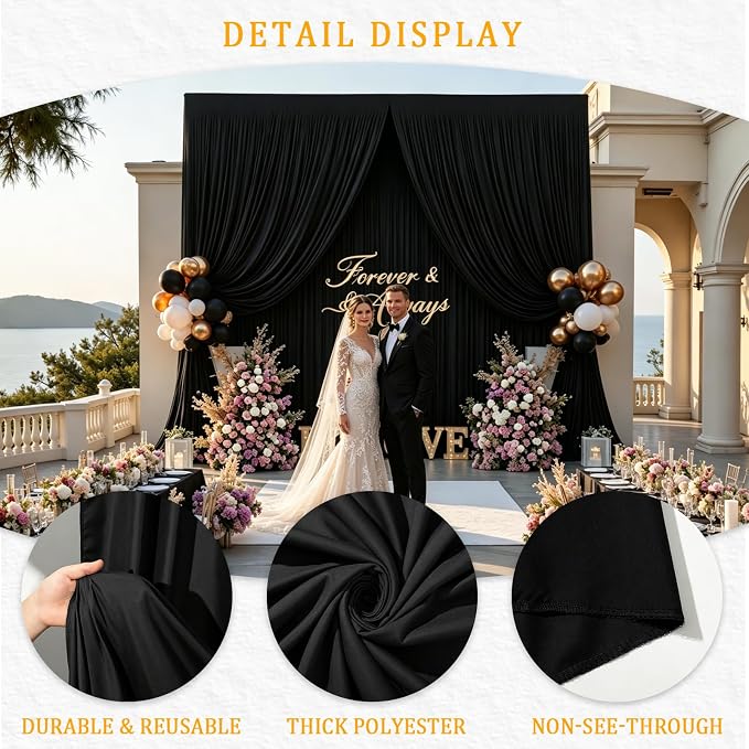 Gallety 10FT x 10F Black Backdrop Curtain for Parties, Polyester Wedding Backdrop Drapes with Rod Pockets,Photo Background Curtain for Banquets,Photography, Home Party,Black Birthday Decorations