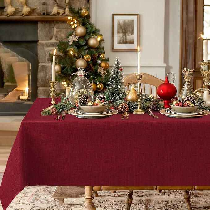 Hiasan 2 Pack Faux Linen Rectangle Tablecloth - Wrinkle and Stain Resistant Washable Red Table Cloth for Kitchen Dining Room Holiday Table Cover for Party Dinner, 54 x 108 Inch