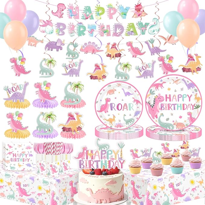 Dinosaur Bday Party Supplies Decorations for Girls 1st 2nd 3rd 4th Bday Dino Tableware Pre-strung Banner Honeycomb Centerpieces Tablecoth Hanging Swirls Cupcake Topper Balloons Serve 25
