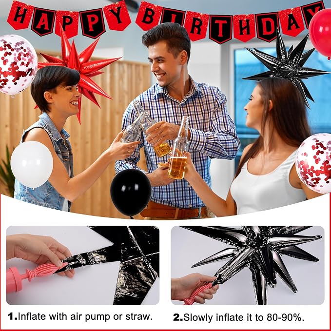 Red and Black Birthday Decorations for Men Women, Red Party Decorations for Boys Girls Happy Birthday Decorations Door Banner, Tablecloth Foil Backdrop Star Balloons for Men Bday Party Supplies