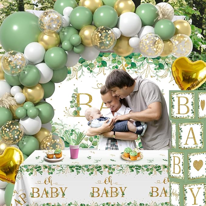 Sage Green Baby Shower Decorations for Boy Girl 106pcs Greenery Balloon Arch Kit, Baby Box,Tablecloth and Backdrop for Boho Woodland Jungle Theme Baby Shower Decor Neutral Party Supplies