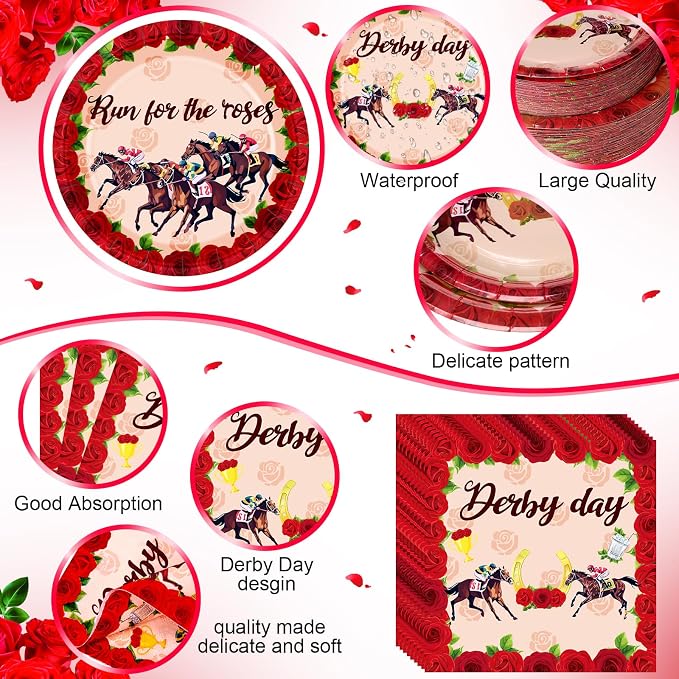 Funnymoom 400 Pcs Derby Run for The Roses Party Supplies, Horse Racing Paper Plates Napkins Cups Cutlery Set, Western Cowboy Disposable Dinnerware for Preakness Party Bridal Shower, Serves 50 Guests