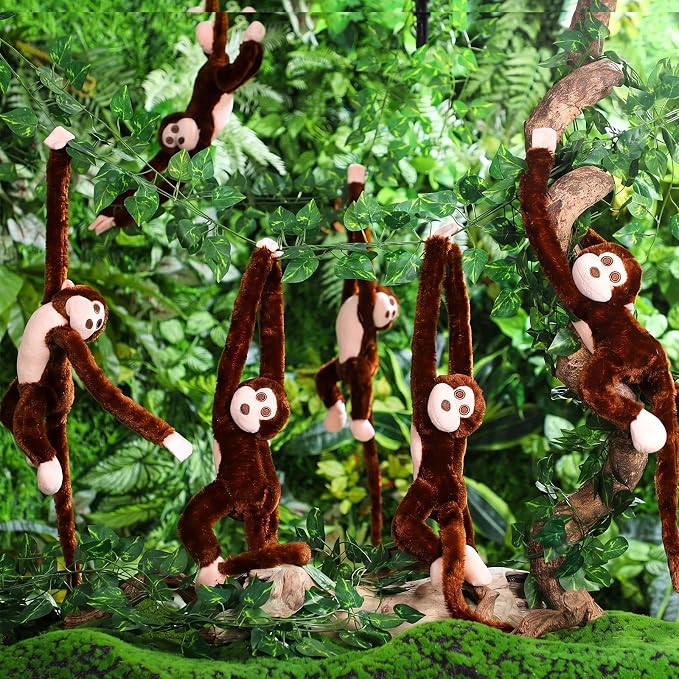 6 Pcs Hanging Monkey Stuffed Animal Jungle Classroom Party Decoration with 12 Pcs 7.22ft Artificial Vine Plush Hook and Loop Fastener for Kids Rainforest Safari Birthday VBS(Dark Brown,21 Inch)