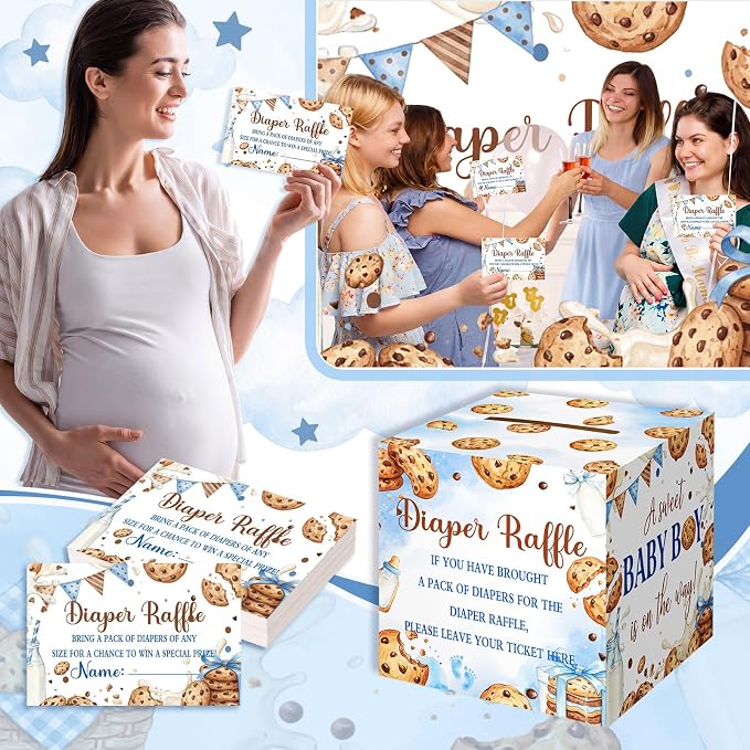 Teling 51 Pieces Diaper Raffle Tickets Box with Card Baby Shower Decorations Gender Reveal Holder Box for Girl Boy Diaper Raffle Party (A Little Cookie is on the Way)