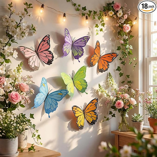 18 Pcs Large Butterfly Party Decoration 2 Sizes 3D Paper Butterfly Wall Decor Attractive Hanging Butterflies for Birthday Baby Shower Wedding Decoration, Paper Flower for Wall Decor