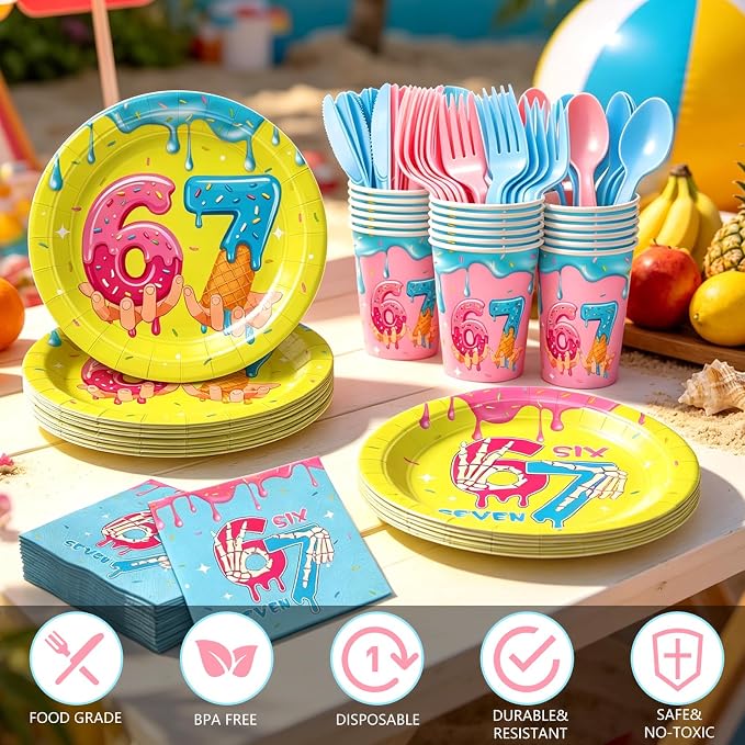 172pcs Ice Cream Birthday Party Supplies 6 7 Birthday Plates Napkins Six Seven Themed Tableware Set Paper Cups Banner Tablecloths Cake Topper Party Decorations for Kids Boys Girls Serve 24