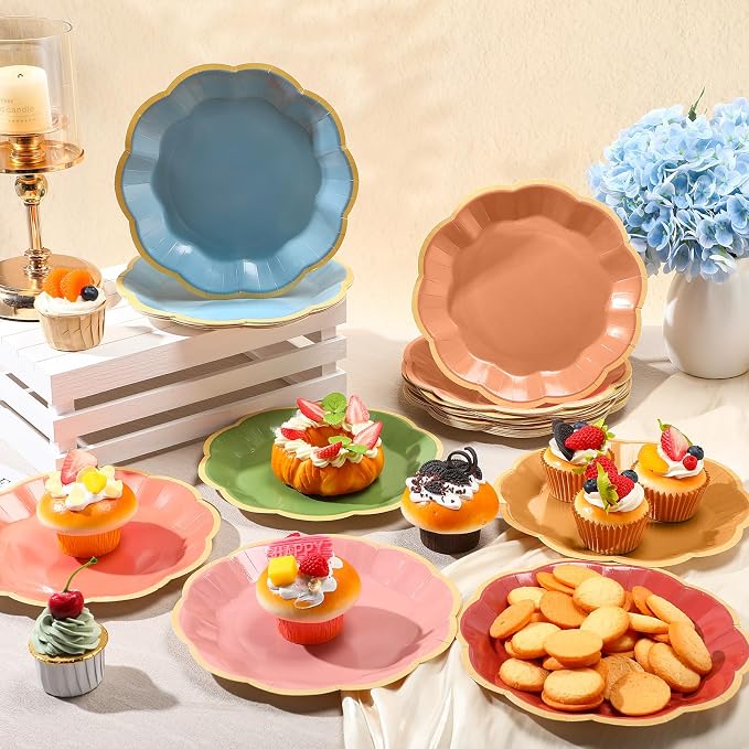 72 Pcs Wildflower Color Paper Plates 9 Inch Green Blue Orange Gradient Scalloped Paper Disposable Dinner Dessert Plates for Birthday Wedding Bridal Party Supplies, 6 Colors