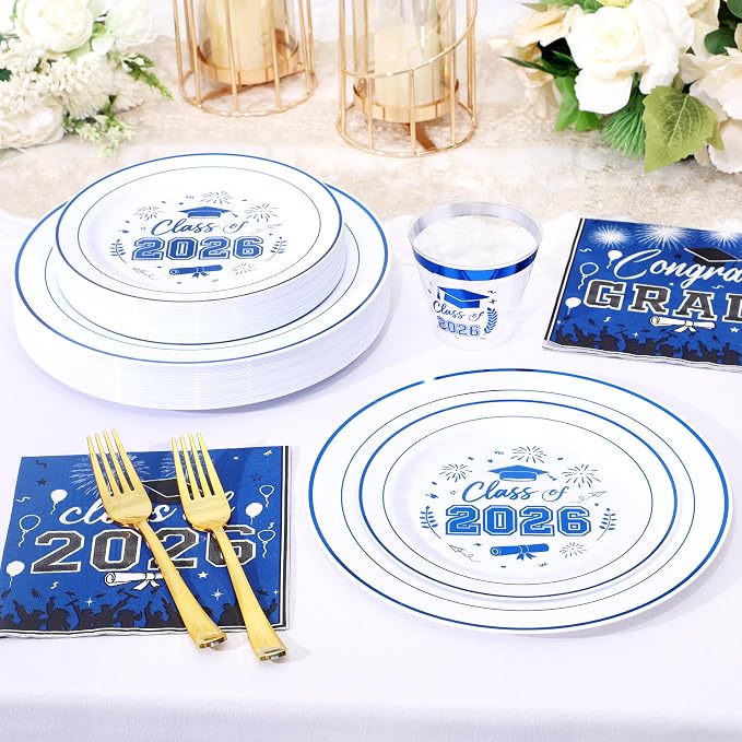 150 Pcs 2026 Graduation Plastic Plates with Disposable Silverware Serves 30 Guests, White Blue Graduation Disposable Plates Including 30 Dinner&Dessert Plates, Cups, Napkins, Gold Forks for Party