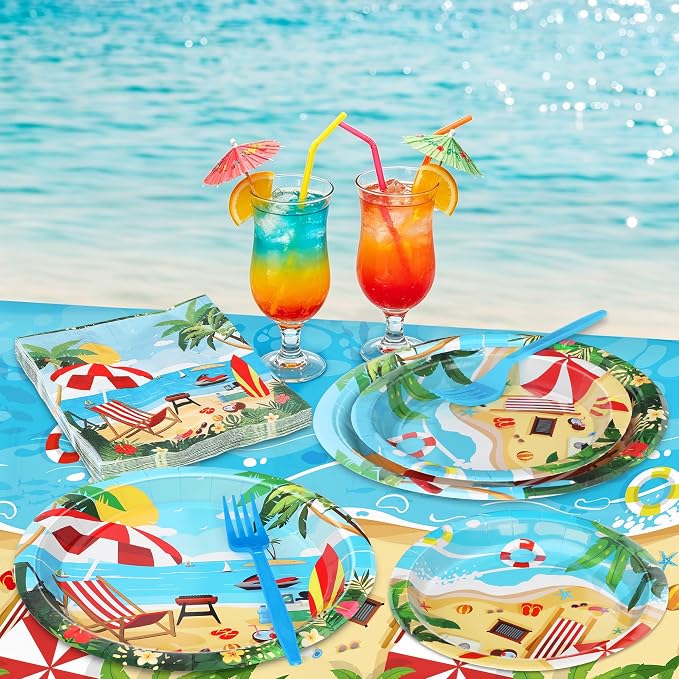 QZYL 122PCS Summer Plates and Napkins, Disposable 9" and 7" Beach Paper Plates Summer Party Decorations, Seaside Plates, Napkins, Forks, Tablecloths Serves 30, Birthday Picnic Beach Party Decorations