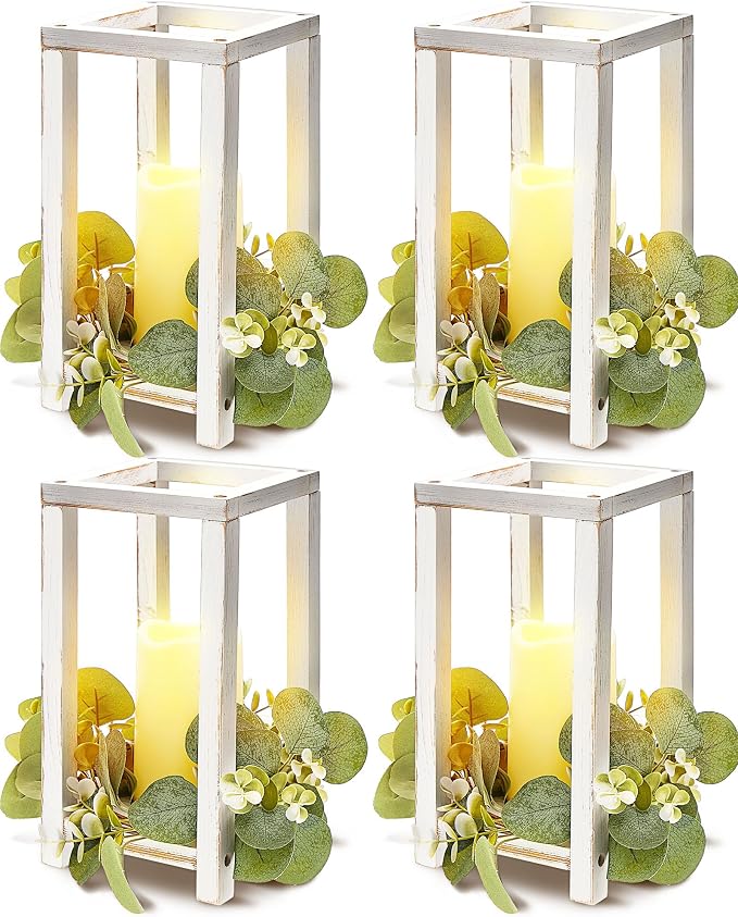 Huquary 8 Pcs Wooden Wedding Lantern Centerpiece for Table Decoration Includes 4 Farmhouse Candle Holder and 4 Flameless Decorative LED Candles for Rustic Home Wedding Decor(White)