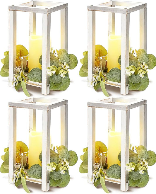 Huquary 8 Pcs Wooden Wedding Lantern Centerpiece for Table Decoration Includes 4 Farmhouse Candle Holder and 4 Flameless Decorative LED Candles for Rustic Home Wedding Decor(White)