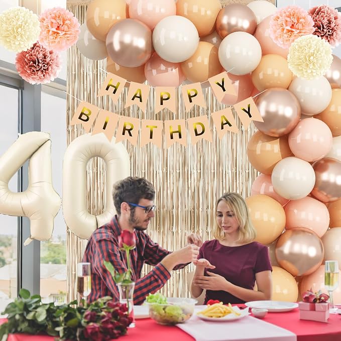 Beige 40th Birthday Decorations for Women Cream Number 40 Balloon Nude Gold Happy Birthday Banner Fringe Curtain Paper Pom Poms Blush White Sand Champagne Star Foil Balloons Neutral Boho Party Decor