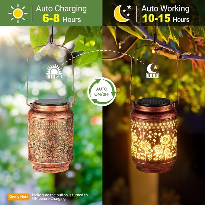 KOOPER Solar Lanterns Outdoor Waterproof Birthday Gifts for Women Mon Grandma, 2 Pack Brighter Hummingbird Hanging Solar Lantern Lights Outdoor, Metal Outdoor Decoration for Yard, Porch (Sunflower)