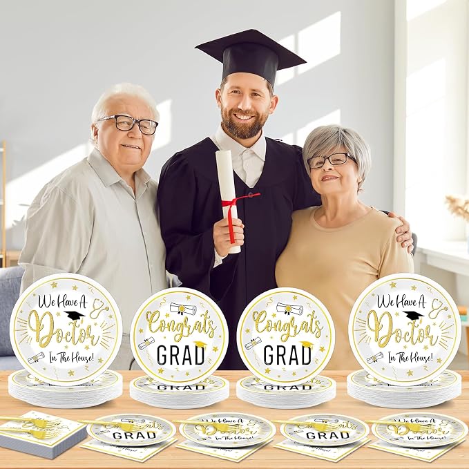 96Pcs Doctor Graduation Party Supplies We Have A Doctor in The House Paper Plates and Napkins Nurse Congrats Gad Tableware Disposable Dessert Dinnerware for PHD Medical School Grad Decor for 24 Guests