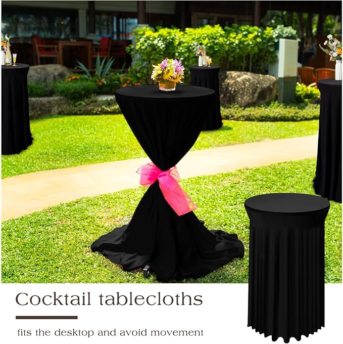 Tegeme 4 Packs Round Spandex Cocktail Tablecloths with Skirt 32 x 43 Inch Cocktail Round Table Cover Spandex Stretch Square Tablecloth Skirt for Table Bar Wedding Party Banquet (Black)