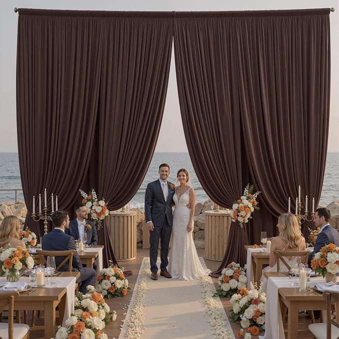 10x16ft Brown Backdrop Curtains for Wedding Party, 2 Panels 16 ft Long Back Drop Cloth, Wrinkle-Free Polyester Drapes for Birthday, Baby Shower, Stage Photography Background