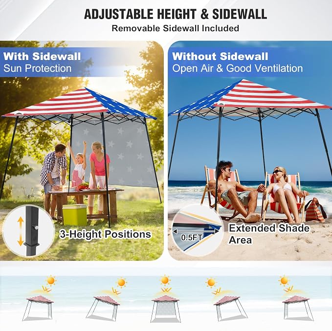 EAGLE PEAK 8x8 Pop Up Canopy Tent with Extended Eaves & Sidewall, Compact, Portable, Easy Setup Slant Leg Instant Shelter for Beach, Sports, & Camping, 8x8 Base 7x7 Top, American Flag