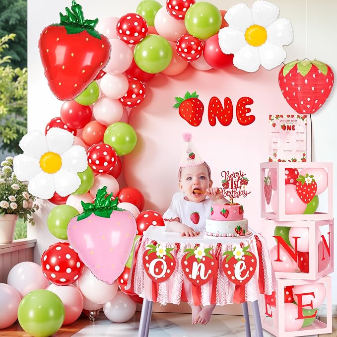 Kriyokiaa Berry First Birthday Decor Strawberry 1st Shortcake Birthday Decorations for Girls with Balloon Arch, Highchair Banner Strawberry Theme Backdrop, Photo Banner, Cake Topper