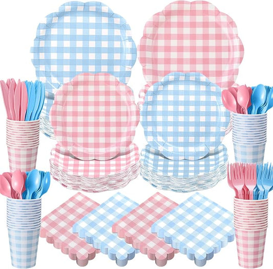 Funnymoom 400 Pcs Gingham Party Supplies for 50 Guests Pink and Blue Paper Plates and Napkins Set Knives Spoons Forks Cups Disposable Dinner Party Cutlery for Gender Reveal Baby Shower Birthday