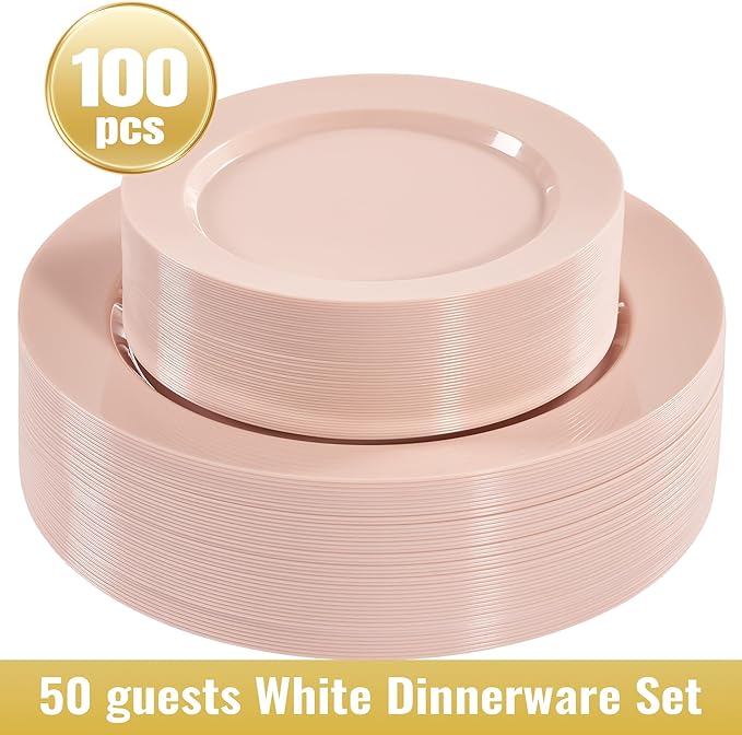 Fijinhom 100PCS Pink Disposable Plates for 50 Guests Including 50PCS 10" Dinner Plates & 50PCS 7" Dessert Plates, Pink