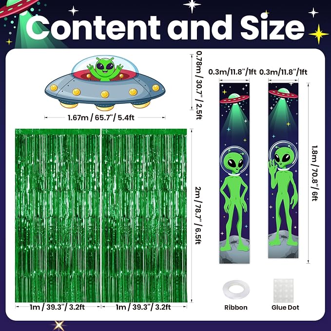 Avezano Alien Party Decorations Set Alien Birthday Party Supplies | 5Pcs, UFO Backdrop Porch Sign Banner Green Foil Fringe Curtains for Boys Men, Photo Booth Props
