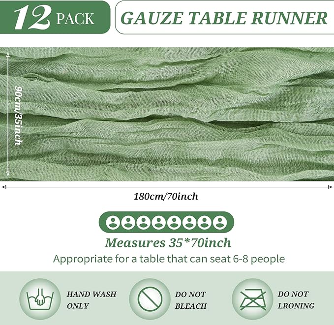 12 Pack Cheesecloth Table Runner 35 x 72 inch Long Boho Cheese Cloth Table Runner Semi Sheer Gauze Table Runner for Wedding Decor, Bridal Shower, Birthday Party (Sage Green)